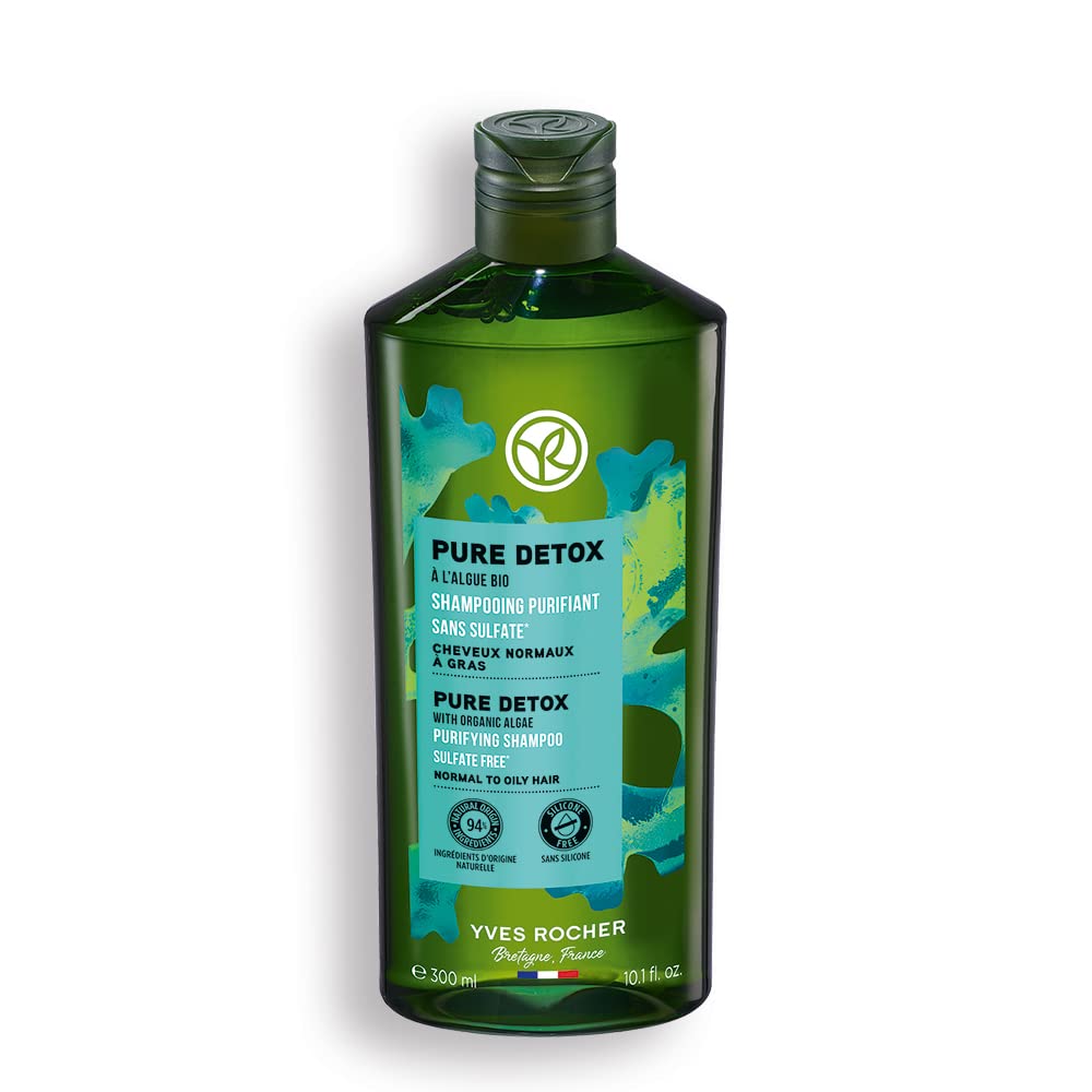 Yves Rocher Pure Detox algae shampoo bottle highlights natural formula for hair