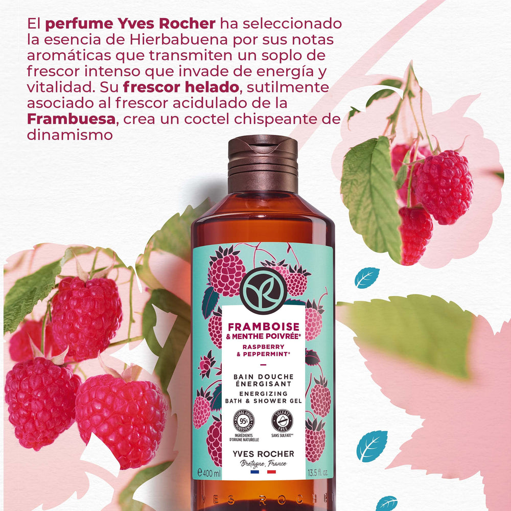 Yves Rocher Raspberry Peppermint Energizing Gel fragrance blends raspberry and peppermint for a refreshing shower