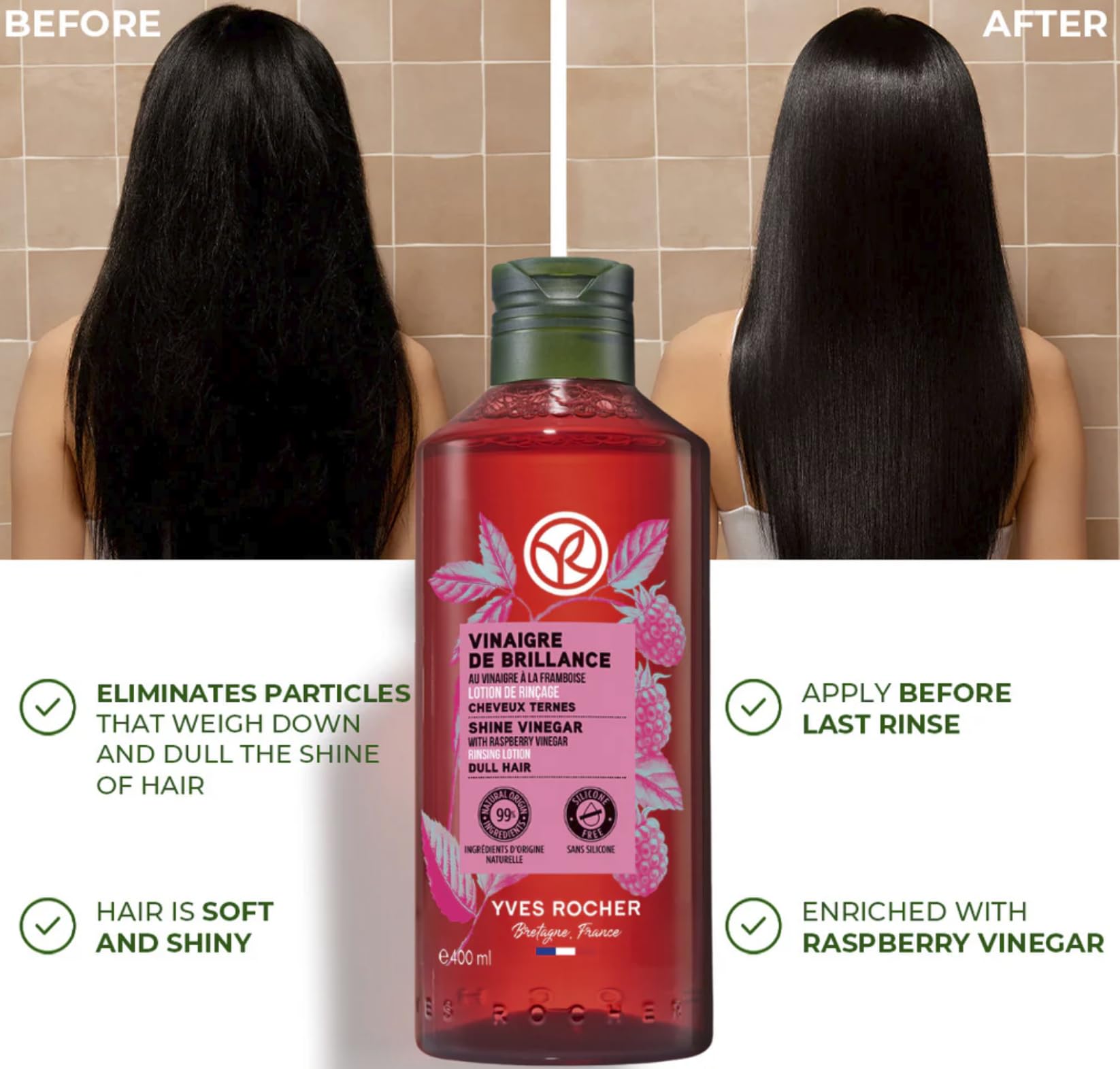 Close-up of Yves Rocher Raspberry Shine Hair Vinegar label highlights natural ingredients