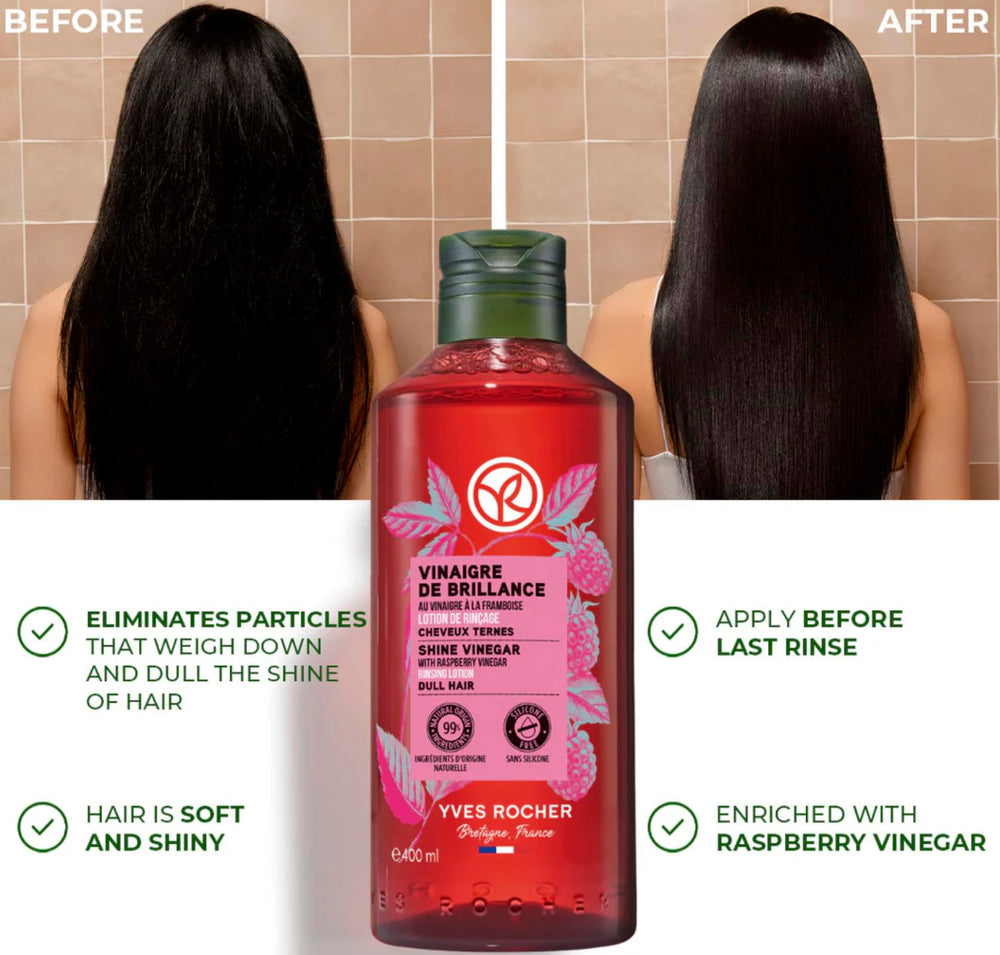 Close-up of Yves Rocher Raspberry Shine Hair Vinegar label highlights natural ingredients