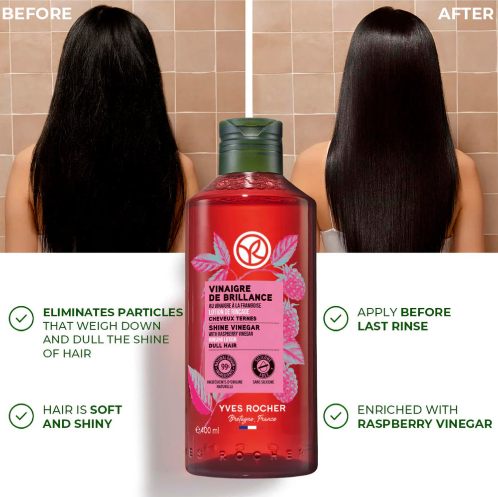 Yves Rocher raspberry vinegar hair rinse highlighting mineral buildup removal and shine