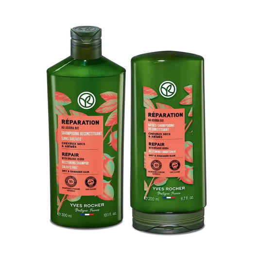 Yves Rocher Reparation Duet shampoo bottle with jojoba oil for dry hair nourishment.