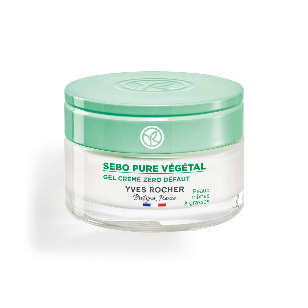 Yves Rocher Sebo Pure gel-cream bottle delivering lightweight hydration for oily skin.