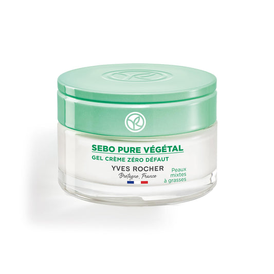 Yves Rocher Sebo Pure gel-cream bottle delivering lightweight hydration for oily skin.