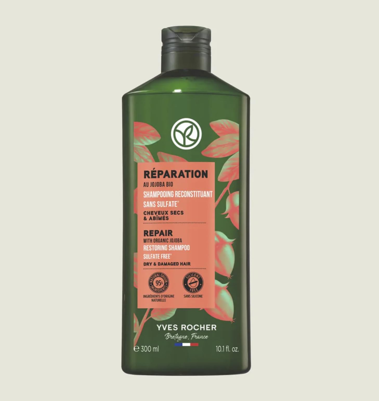 Yves Rocher shampoo ingredient visual highlighting jojoba oil and extracts for softness.