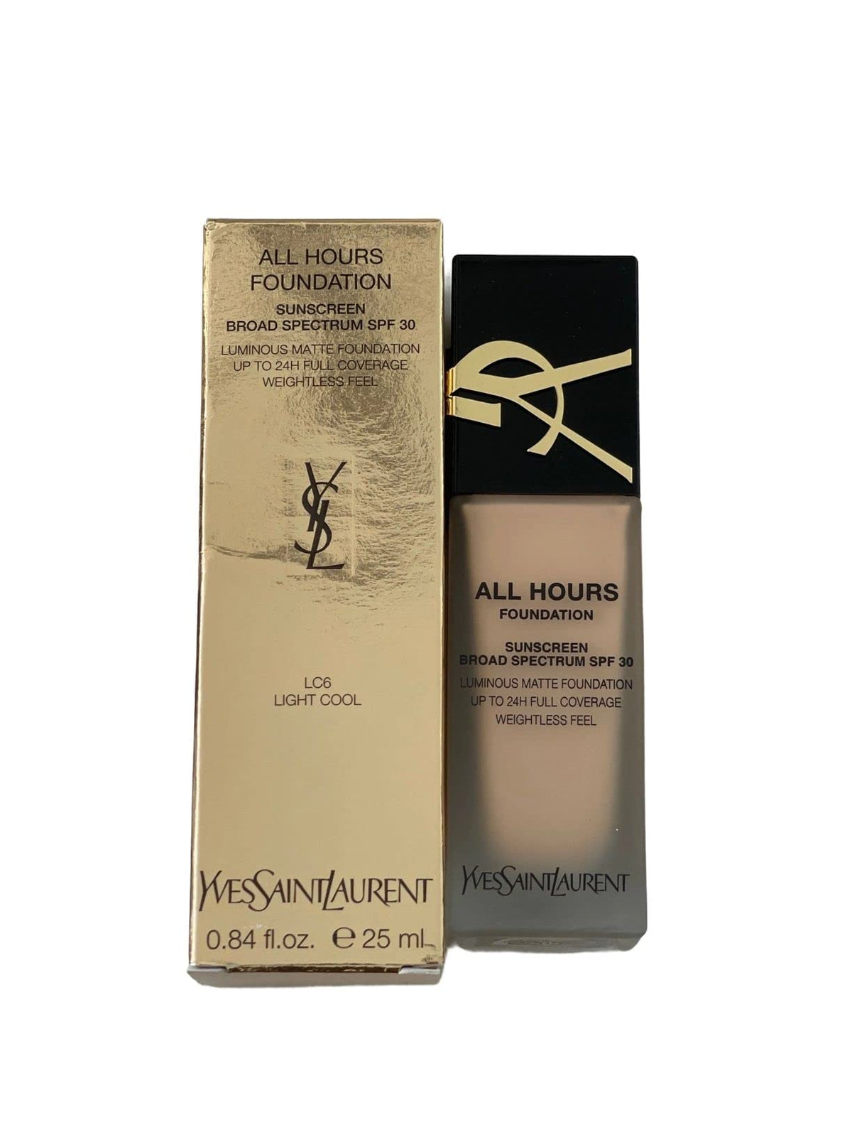 YSL All Hours luminous matte foundation LC6 cream bottle showing long wear and radiant matte finish