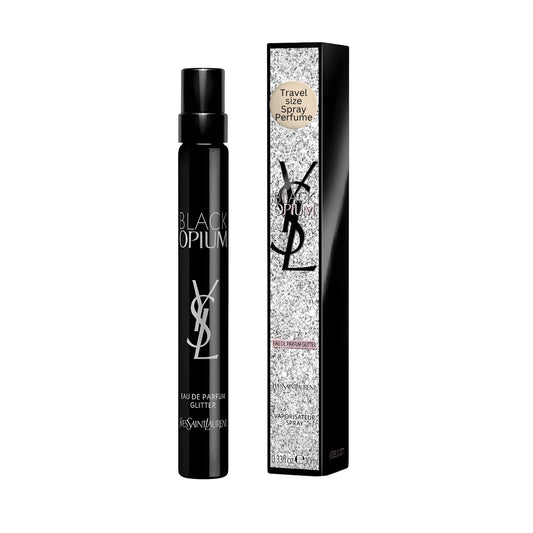 YSL Black Opium Glitter bottle closeup showing festive glitter finish.