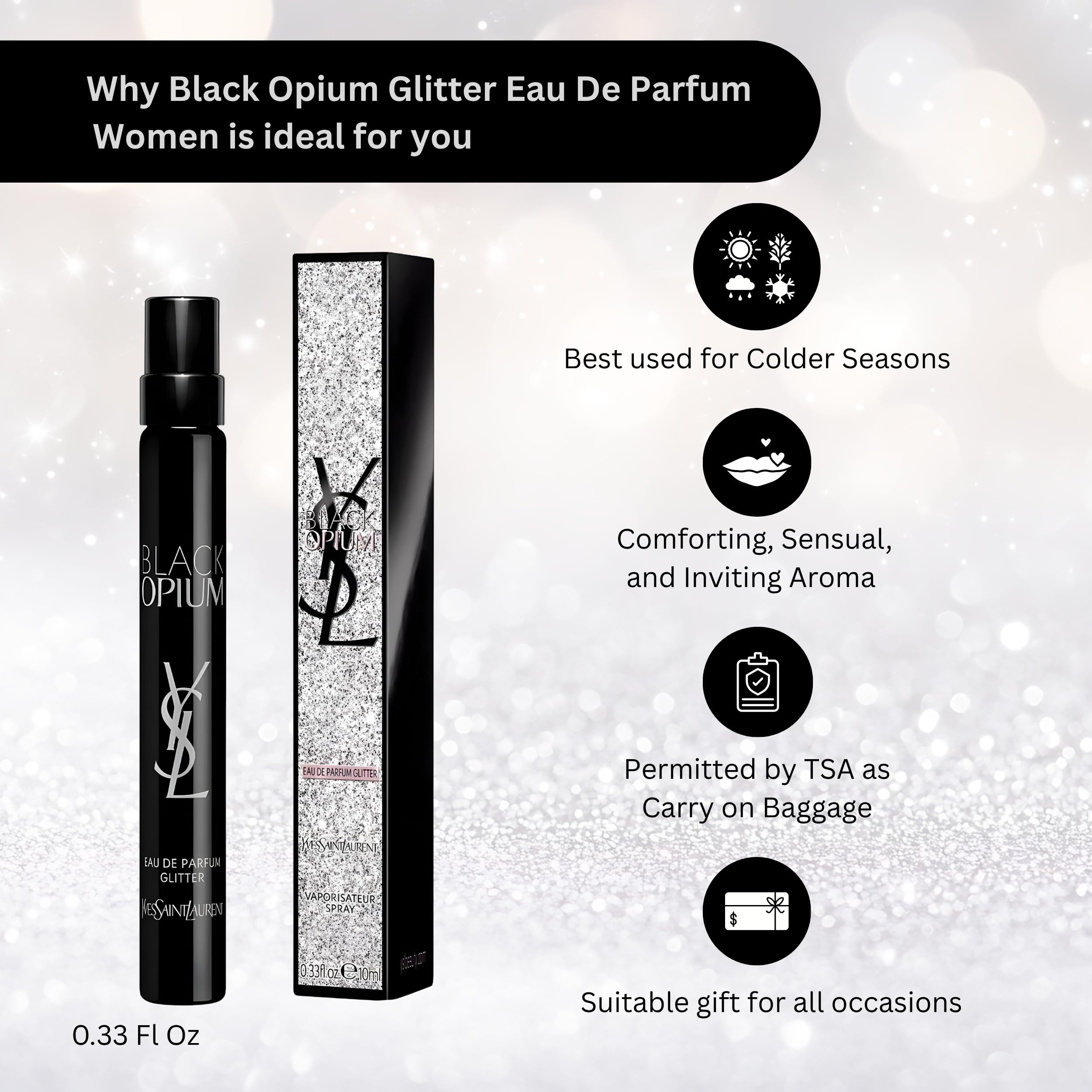 YSL Black Opium Glitter bottle sparkling under lights for party vibes.