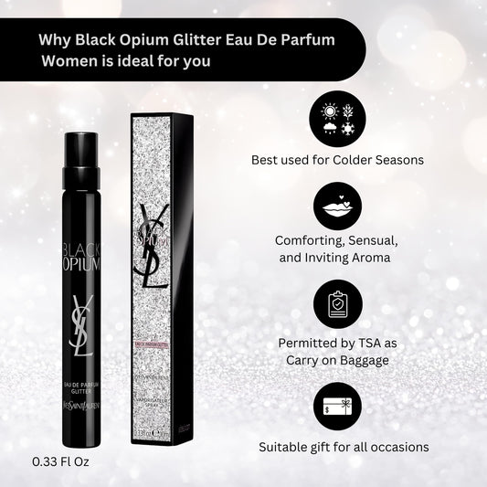 YSL Black Opium Glitter bottle sparkling under lights for party vibes.