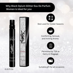 YSL Black Opium Glitter bottle sparkling under lights for party vibes.