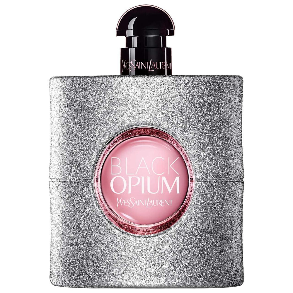 Yves Saint Laurent Black Opium Glitter bottle on display for chic evening glamour.