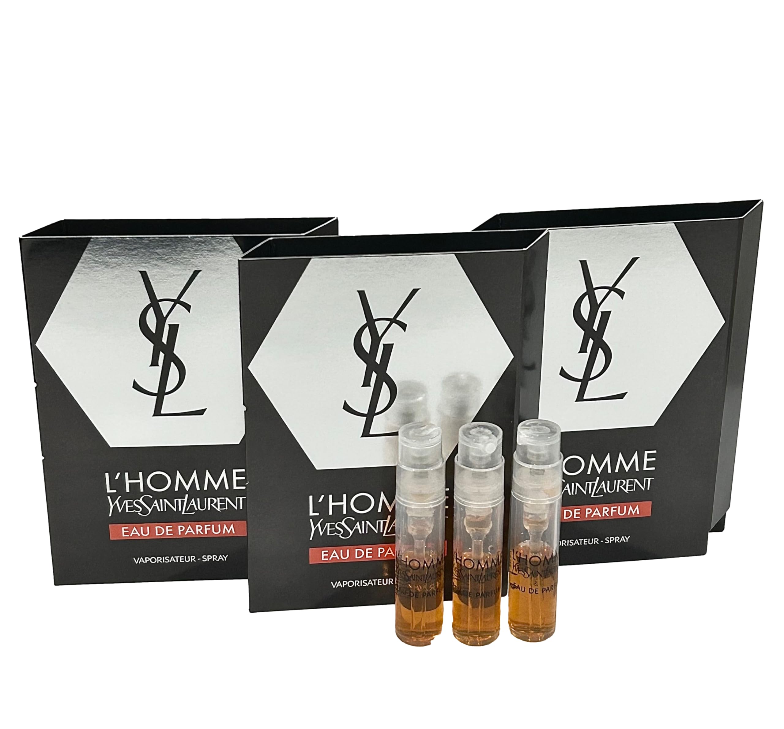 YSL L'Homme EDP sample set with three mini vials for on-the-go fragrance exploration.