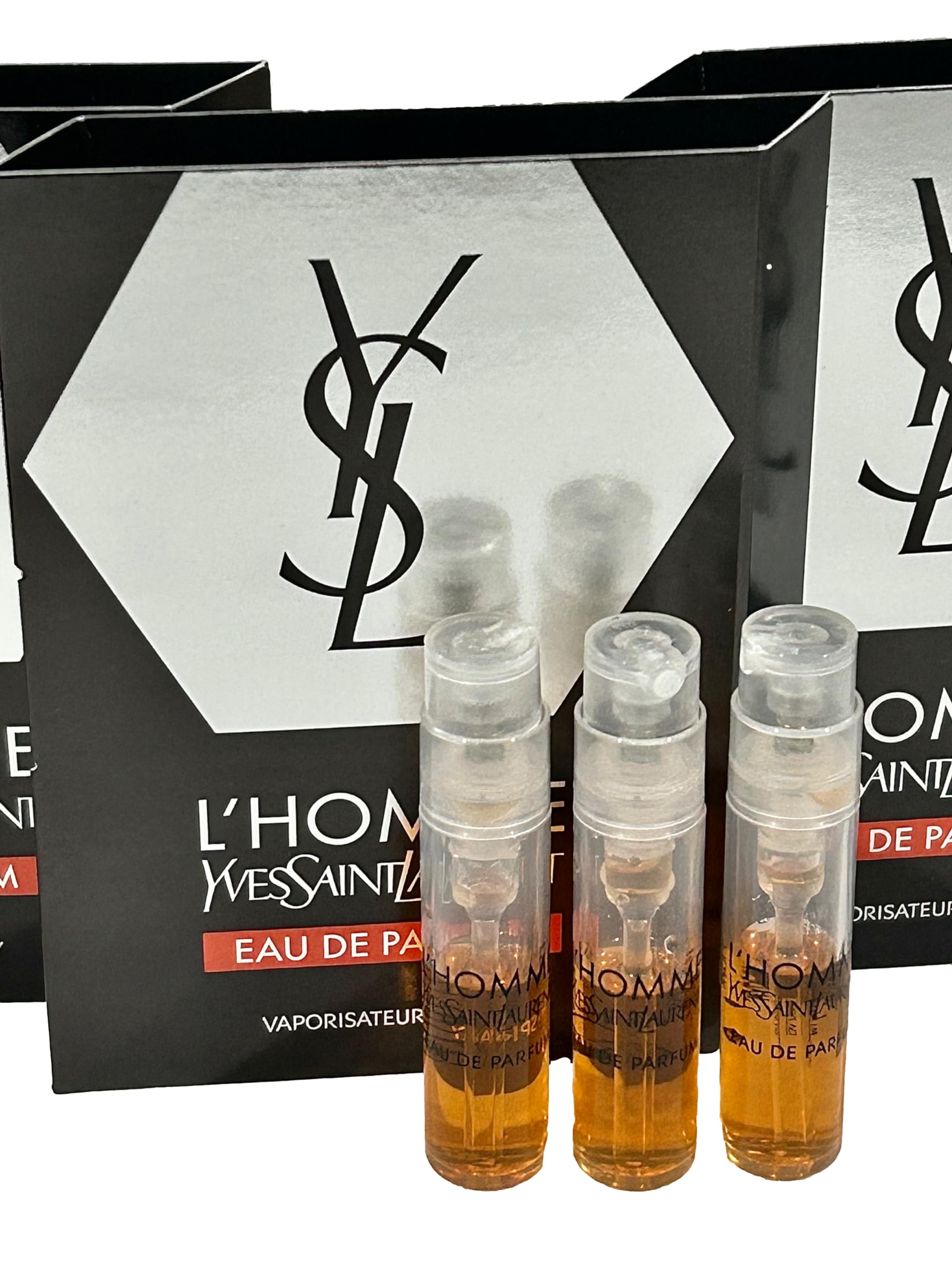 YSL L'Homme EDP trial-size vials provide compact fragrance testing for home or travel.