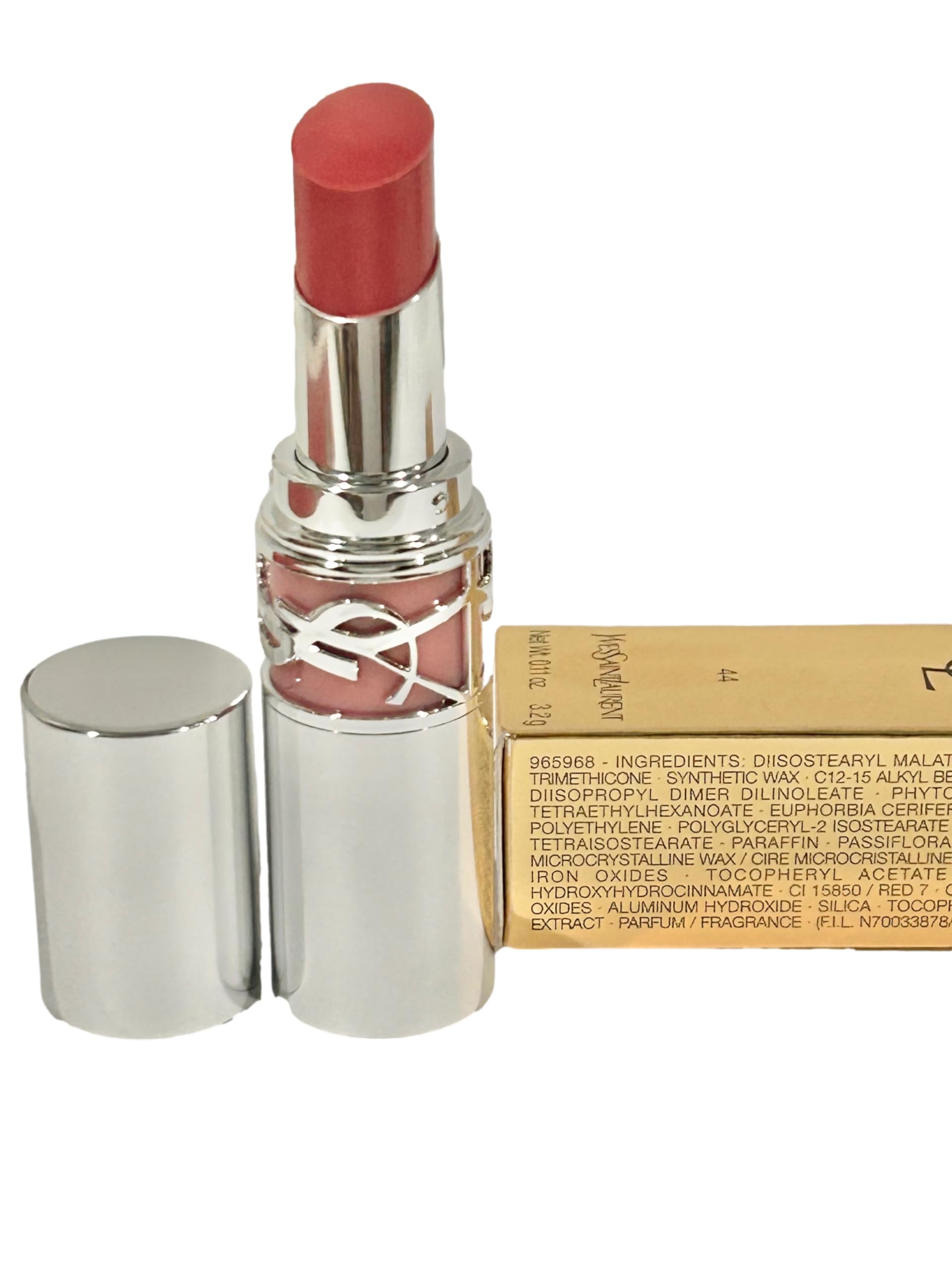 YSL LoveShine Nude Lavallière worn on lips with wet-shine finish
