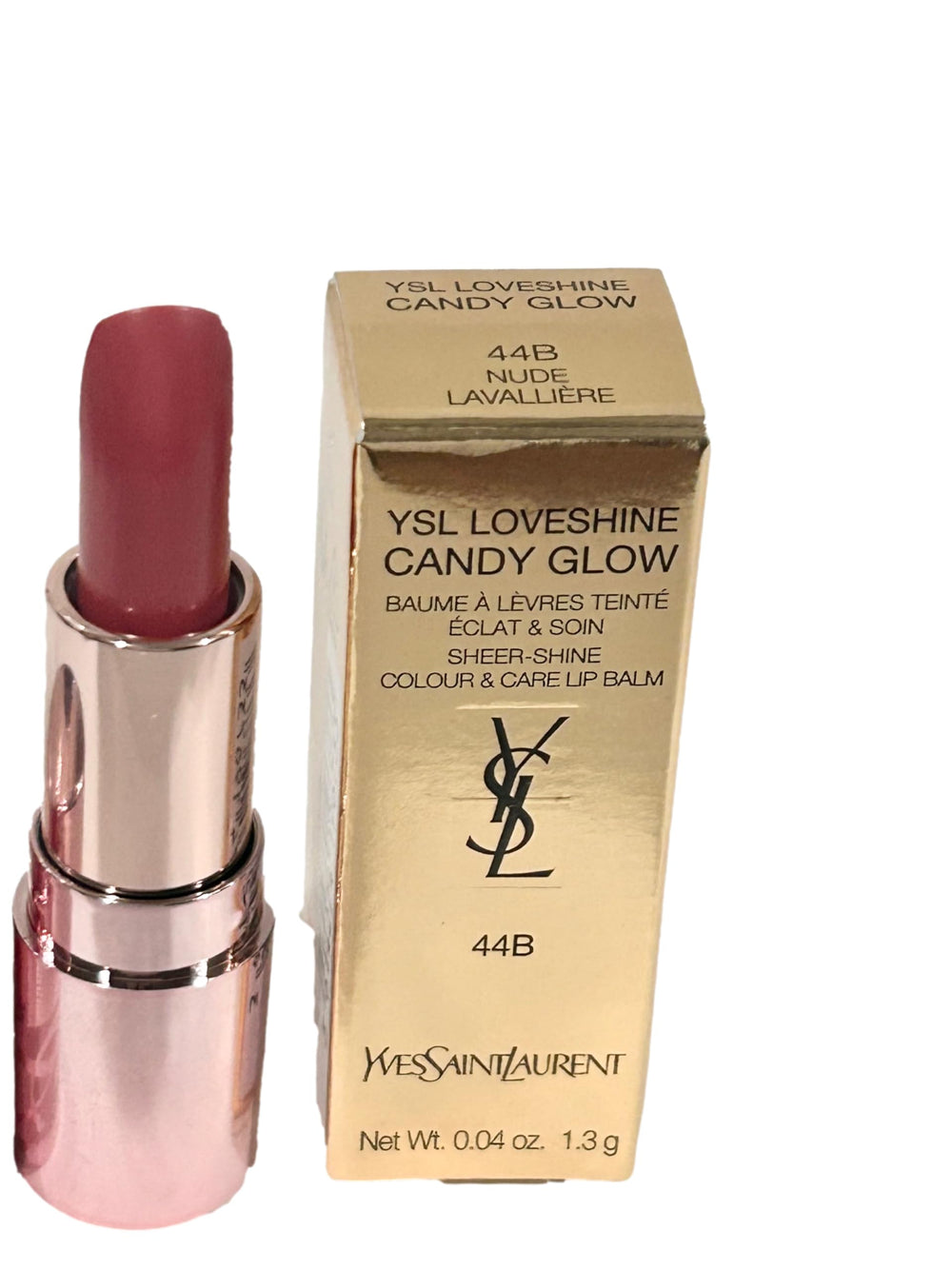 YSL Loveshine Candy Glow lipstick Nude Lavalliere mini swatch for versatile nude shade.