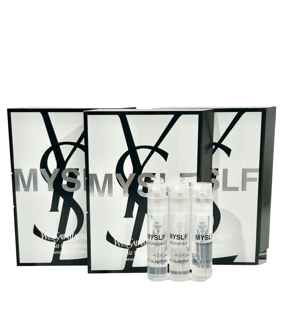YSL MYSLF sample spray vial set in compact travel packaging for testing