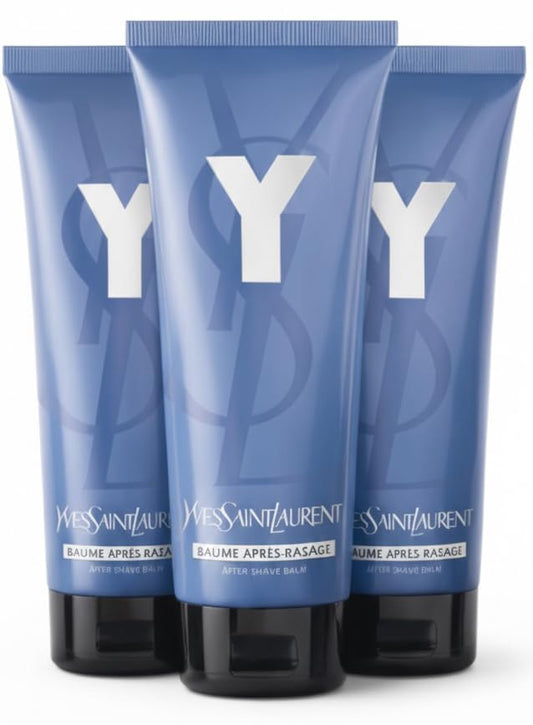Yves Saint Laurent Y after shave balm 3-pack tubes, front view shows compact hydration.