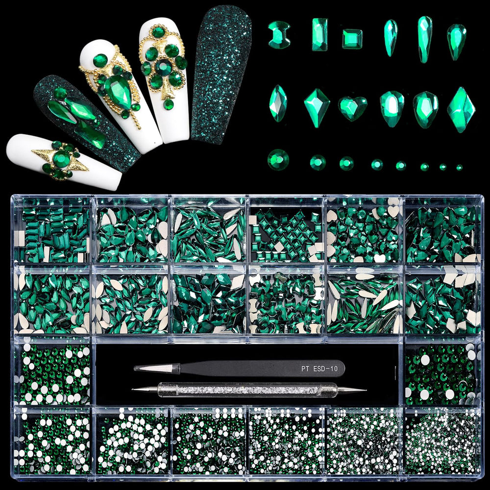 Yzzseven green diamonds in 12 types for versatile nail art and crafts.