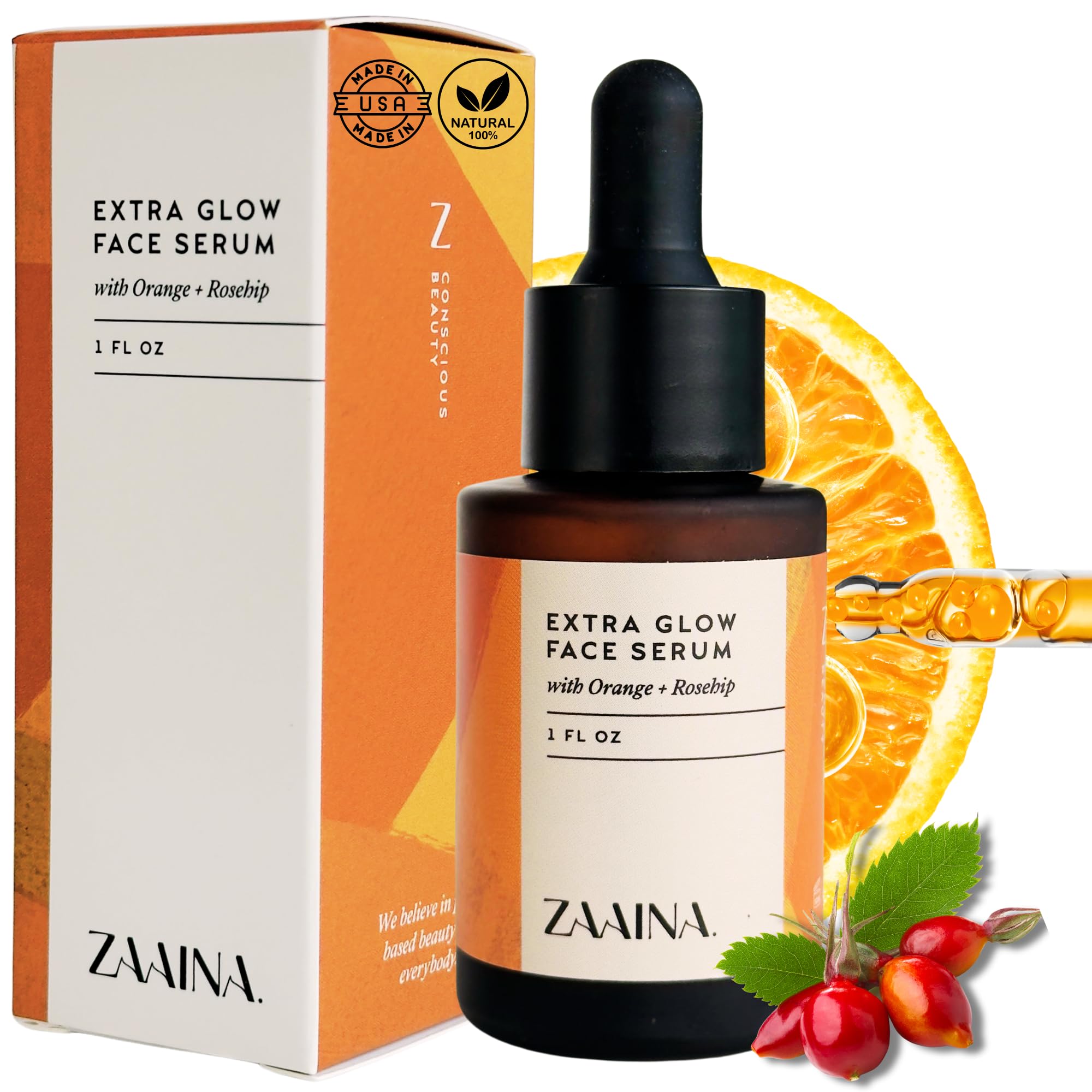 ZAAINA Extra Glow Serum bottle close-up highlighting hydration and radiance.