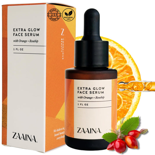 ZAAINA Extra Glow Serum bottle close-up highlighting hydration and radiance.