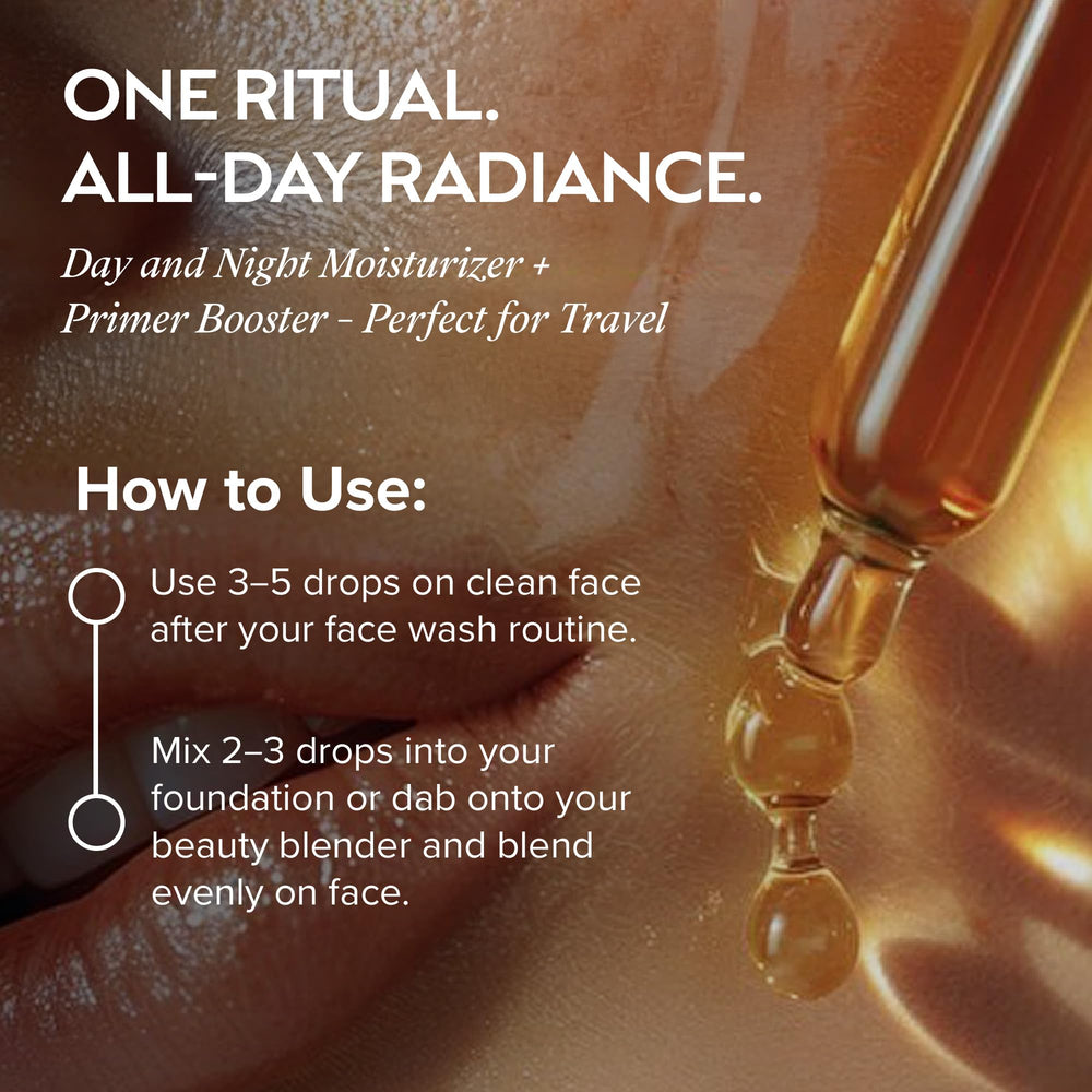 ZAAINA Extra Glow Serum bottle beside natural ingredients highlights clean beauty.