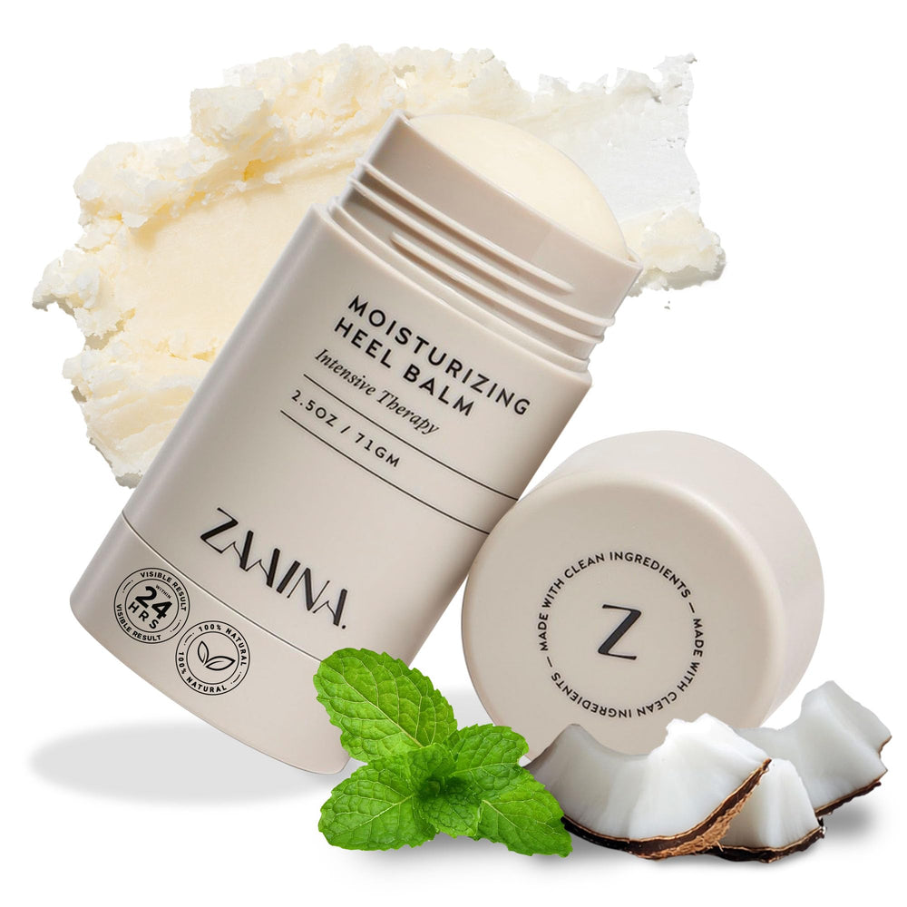 ZAAINA Intensive Heel Balm Stick tube shows packaging and deep hydration for dry heels.