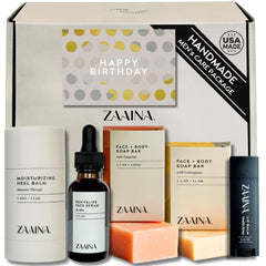 ZAAINA men's birthday care package box shows premium packaging ready for gifting.