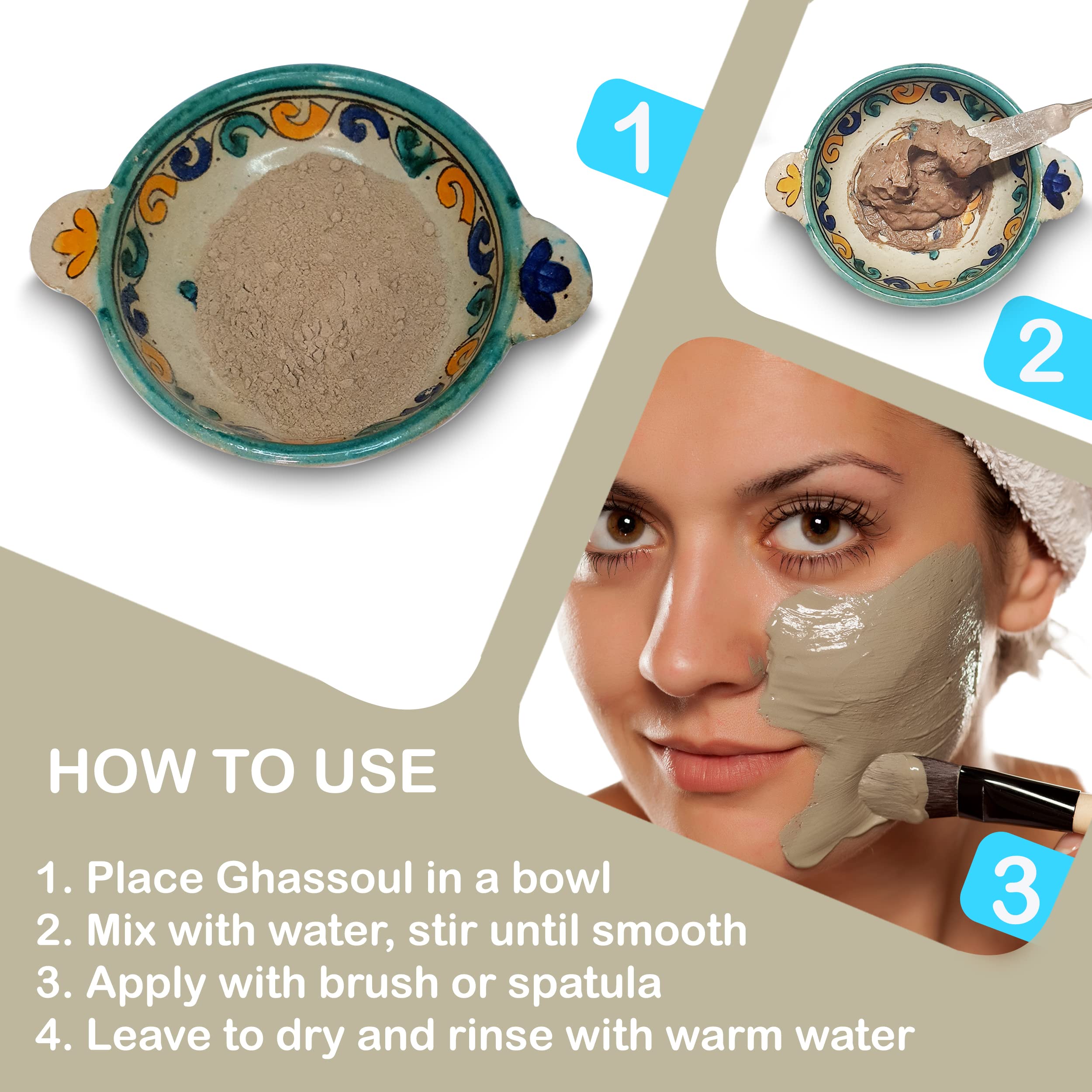 Zakia's Morocco Ghassoul mask applied on skin for pore cleansing.