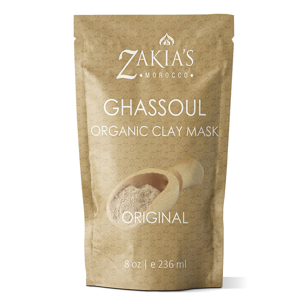 Zakia's Morocco Ghassoul mask packaging shown for long-term storage.