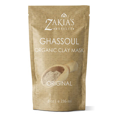 Zakia's Morocco Ghassoul mask packaging shown for long-term storage.