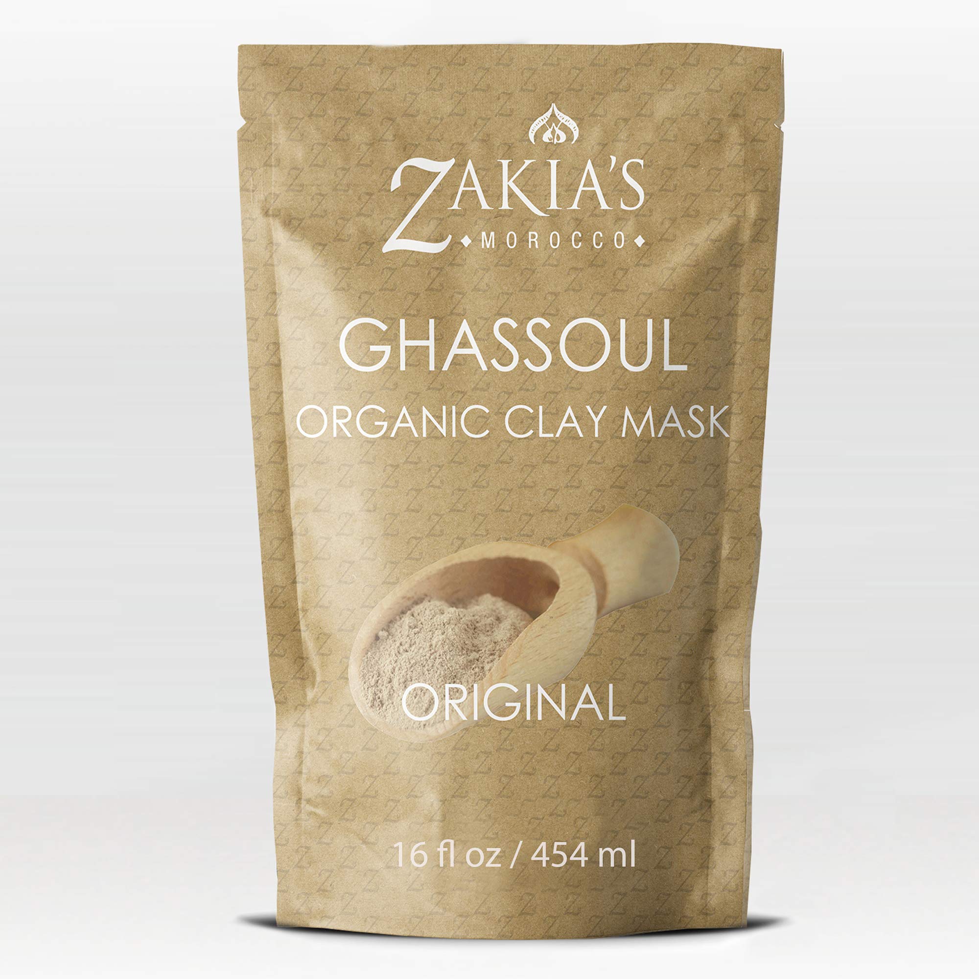 Zakia's Morocco Rhassoul clay mask packaging shows pure organic formula for skin detox