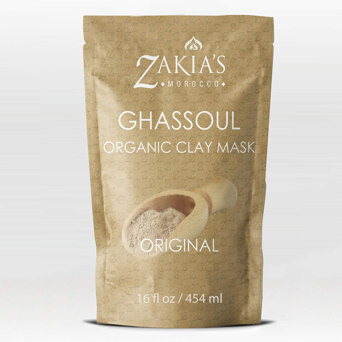 Zakia's Morocco Rhassoul clay mask packaging shows pure organic formula for skin detox