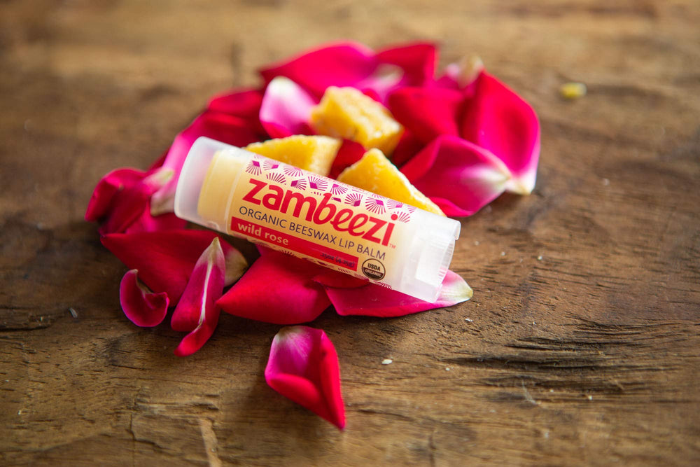 Zambeezi Wild Rose balm offers floral softness for chapped lips
