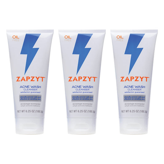 Zapzyt Acne Wash bottle highlights 2% salicylic acid for pore cleansing.