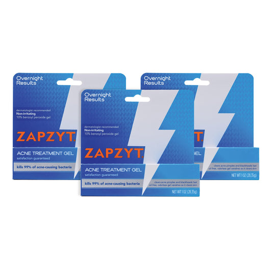 Zapzyt maximum-strength gel tube with 10% benzoyl peroxide for acne care.
