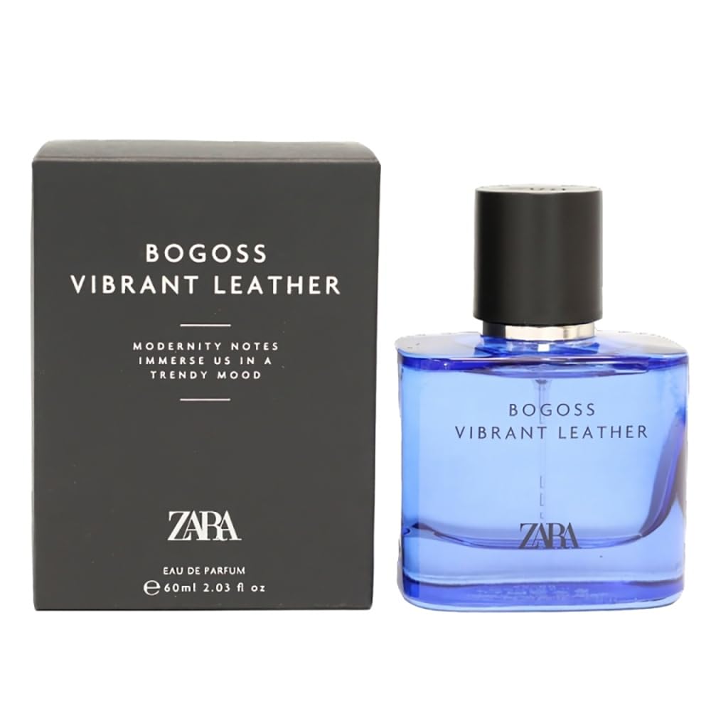Zara Bogoss Vibrant Leather bottle on display highlighting premium, long-lasting scent for modern men.