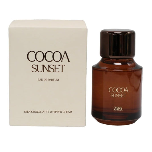 Zara Cocoa Sunset EDP bottle on a soft backdrop, warm indulgence for daily elegance