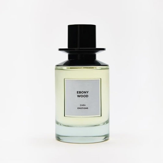 Zara Ebony Wood EDP bottle close-up, rich woody notes perfect for evening occasions.