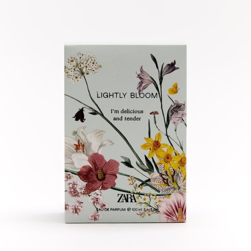 Zara Lightly Bloom packaging side view, signaling versatile fragrance for any day.