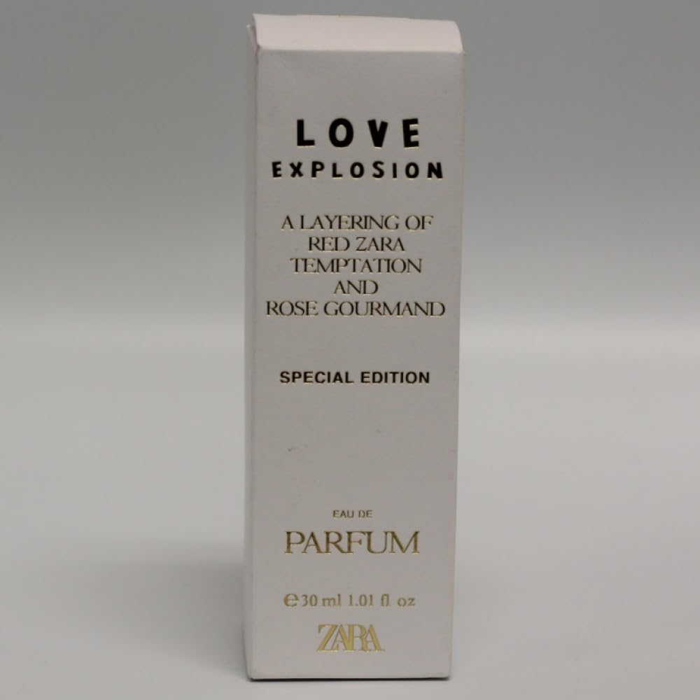 Zara Love Explosion Special Edition EDP bottle with rose and amber hints, ideal for evening wear.