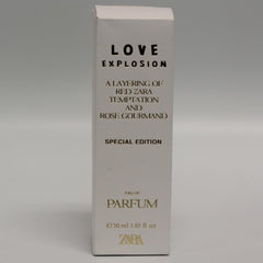 Zara Love Explosion Special Edition EDP bottle with rose and amber hints, ideal for evening wear.
