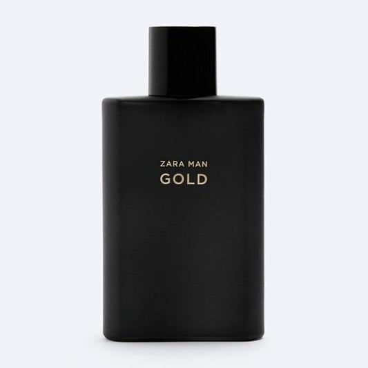 ZARA Man Gold cap and label close-up, emphasizing premium packaging for a modern fragrance.