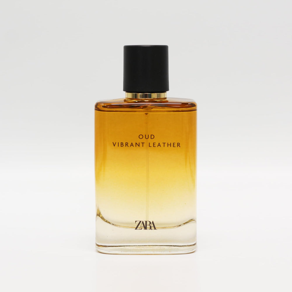Zara Oud Vibrant Leather bottle closeup highlighting rich oud and leather notes for a signature scent.