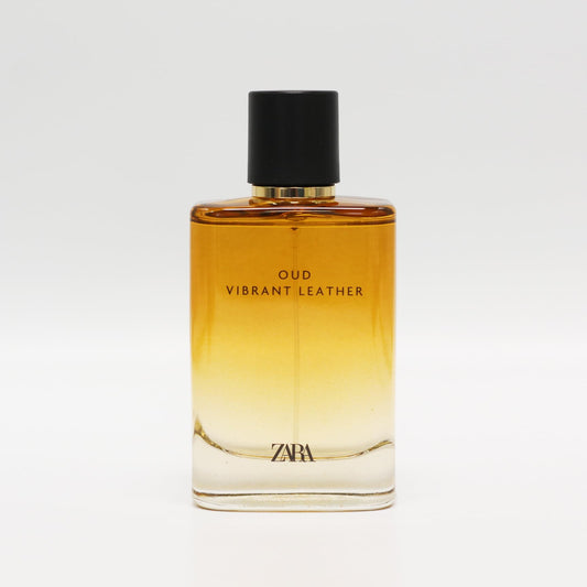 Zara Oud Vibrant Leather bottle closeup highlighting rich oud and leather notes for a signature scent.