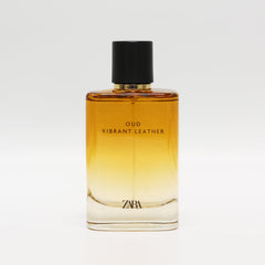 Zara Oud Vibrant Leather bottle closeup highlighting rich oud and leather notes for a signature scent.