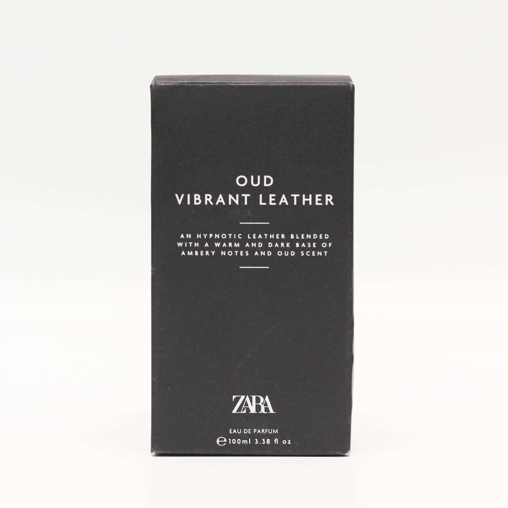 Zara Oud Vibrant Leather packaging box presents modern luxury for a premium grooming collection.