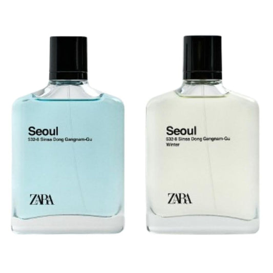 Zara Seoul Winter bottle side reveals woody amber notes for evenings.