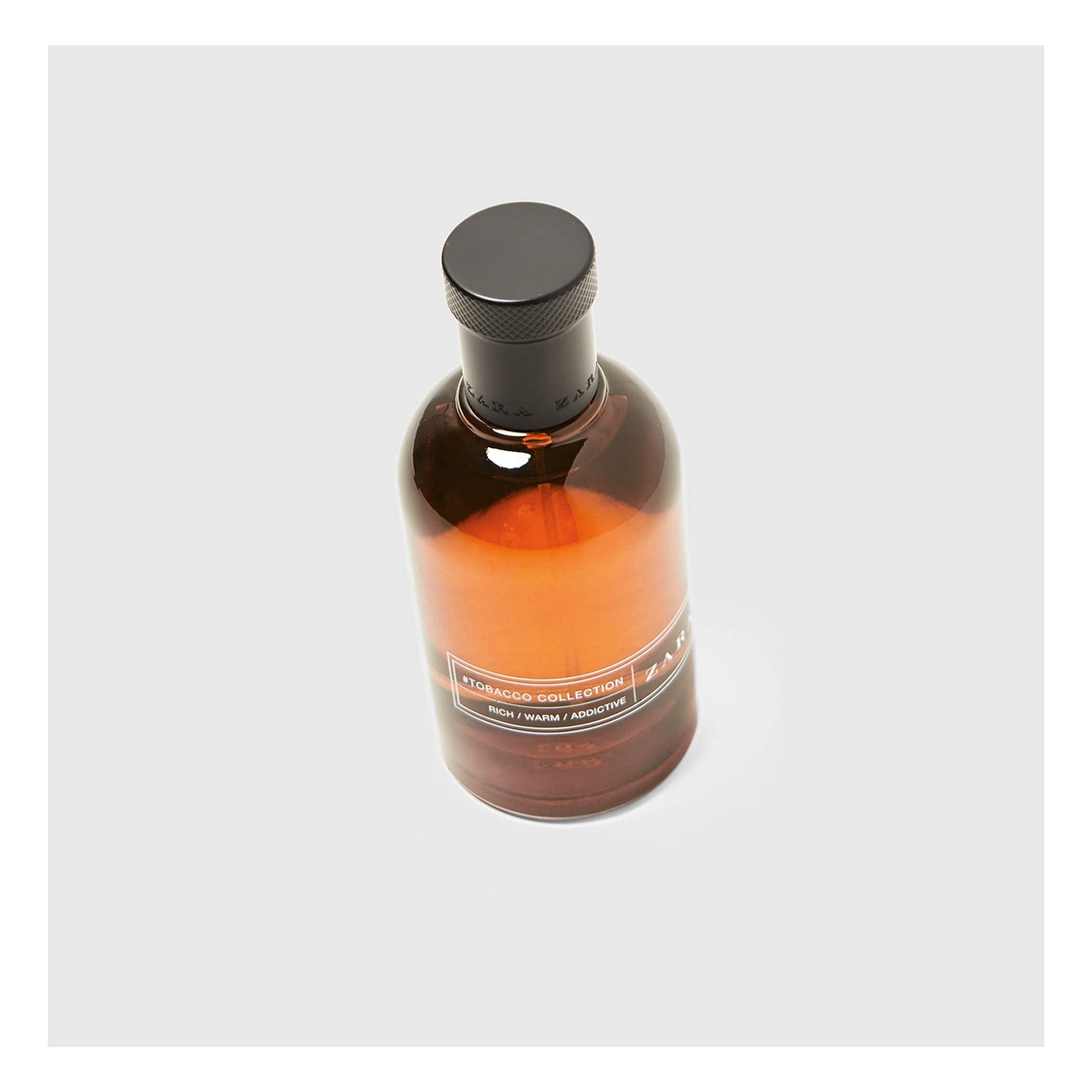 Zara Tobacco Collection bottle close-up highlights warm spice for cooler days.