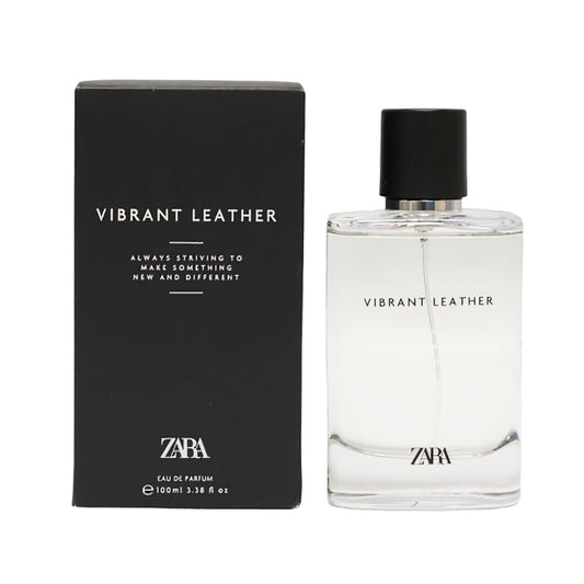 Zara Vibrant Leather bottle close-up highlighting premium woody notes for daily wear
