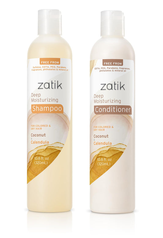 Zatik Deep Moisturizing Shampoo bottle shows color-safe hydration.